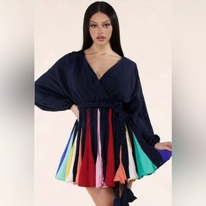 L’ATISTE Navy Blue Rainbow Pleat Dress NWT